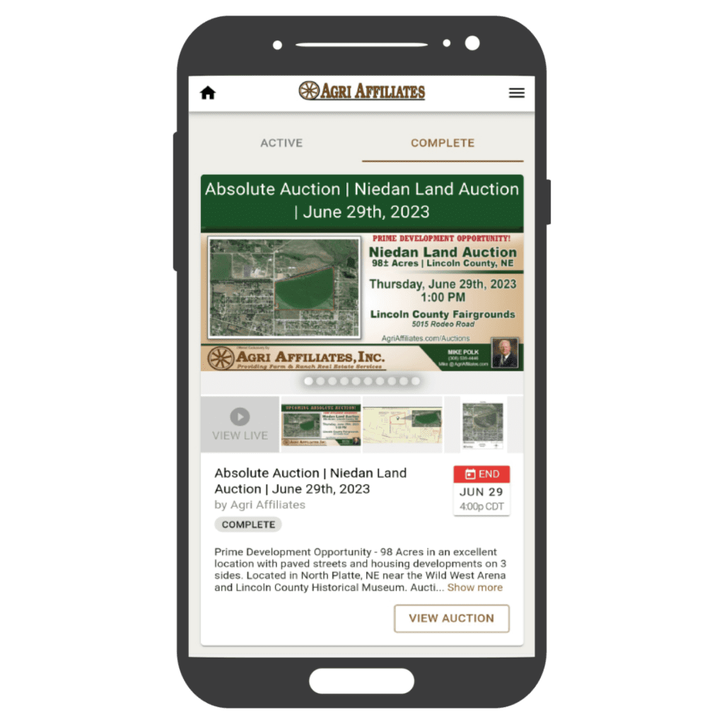 auctions, mobile, smartphone, tablet, bid wrangler, platform, livestream, watch, digital, real estate, agri affiliates, nebraska, ne