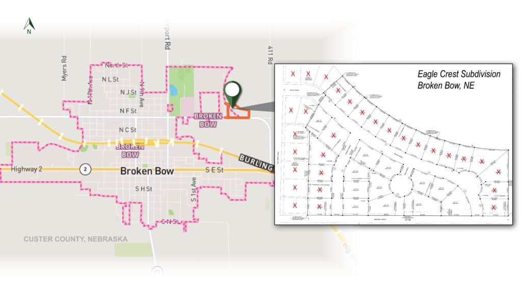 eagle crest subdivision residential development lots for sale in broken bow custer county nebraska by agri affiliates real estate listing agent bonnie downing, ara appraiser sales header map image