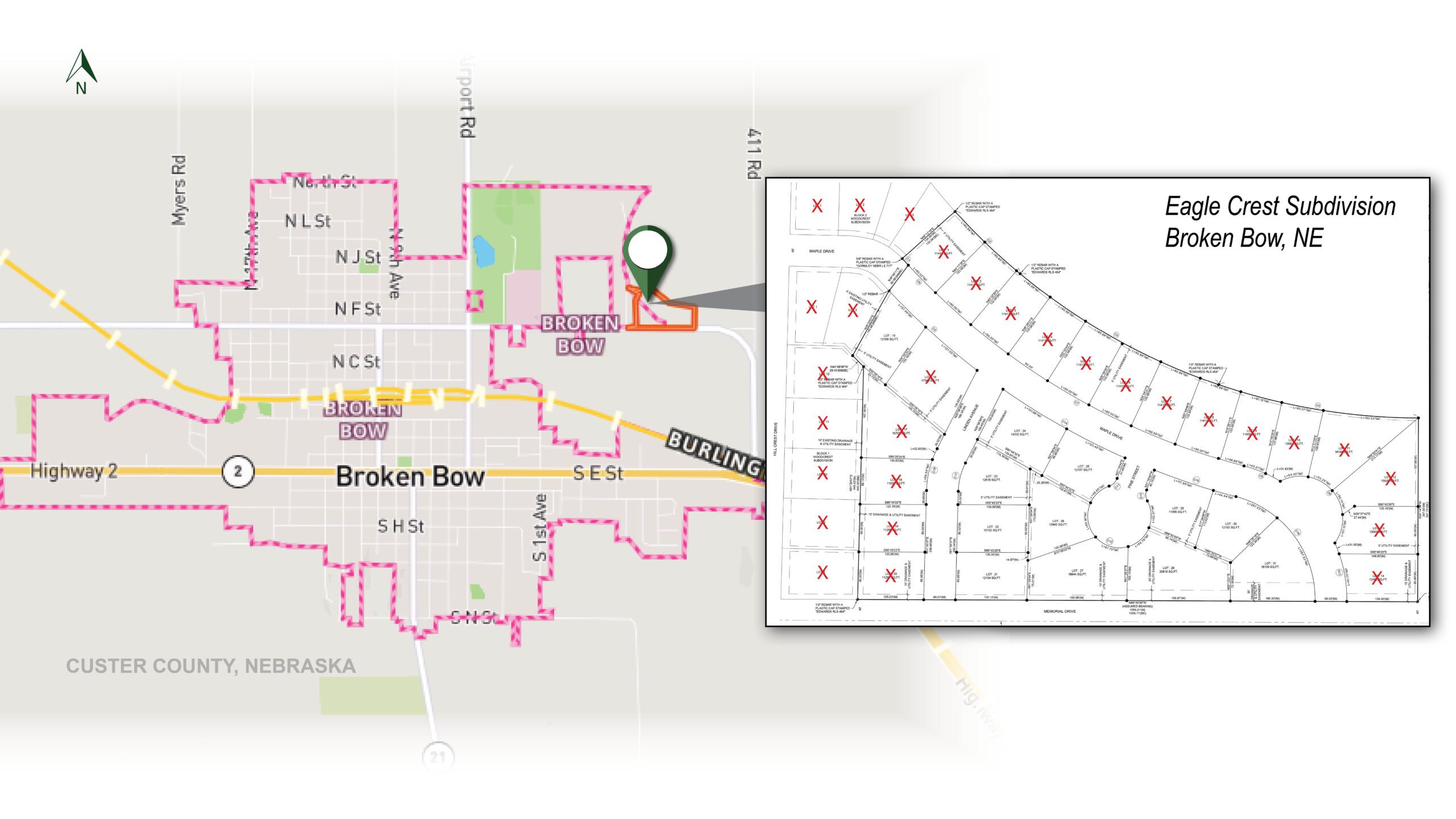 eagle crest subdivision residential development lots for sale in broken bow custer county nebraska by agri affiliates real estate listing agent bonnie downing, ara appraiser sales header map image
