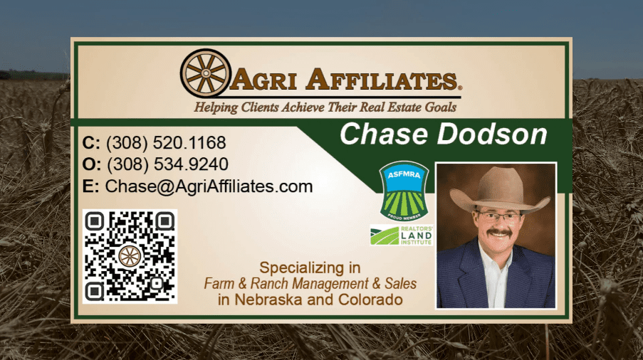 chase dodson agri affiliates real estate salesperson and farm and ranch manager north platte business card